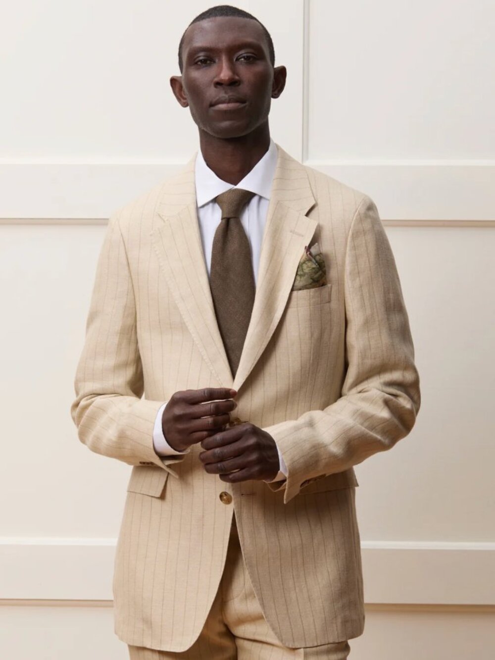 Todd Snyder "Sutton" Italian Linen-Silk Jacket in Tan Pinstripe, size 42R